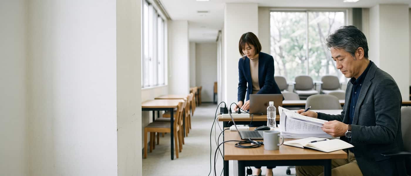 研修会場で講師が資料を読み込み、奥でもう一人が機材を準備している様子