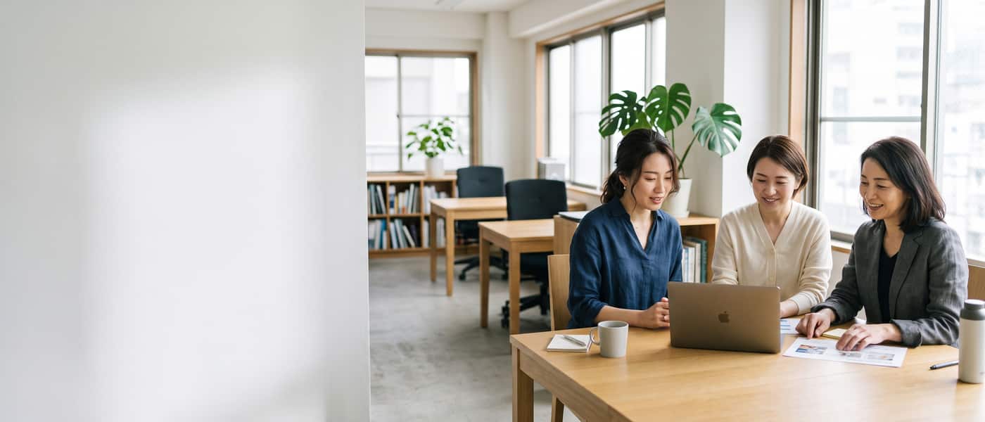 小さなオフィスで3名が1台のノートPCを囲み、資料を見ながら話している様子