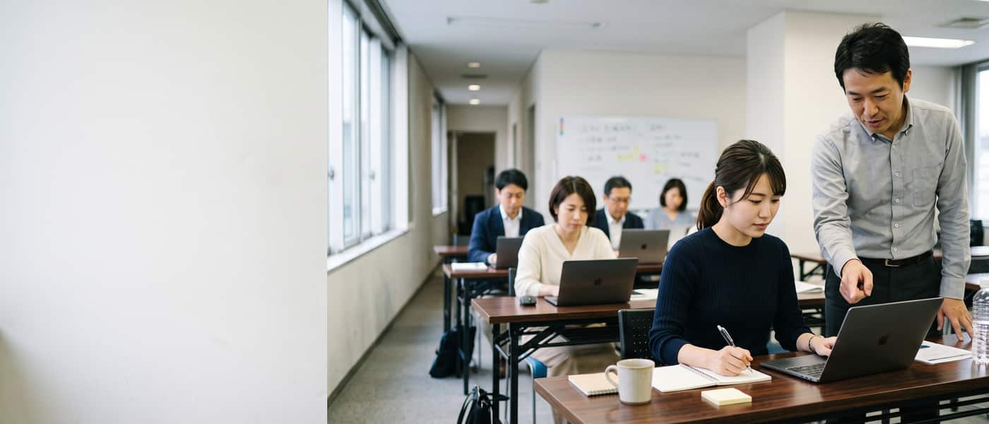 研修会場で受講者がノートPCに向かい、横に立った講師が画面を指しながら教えている様子